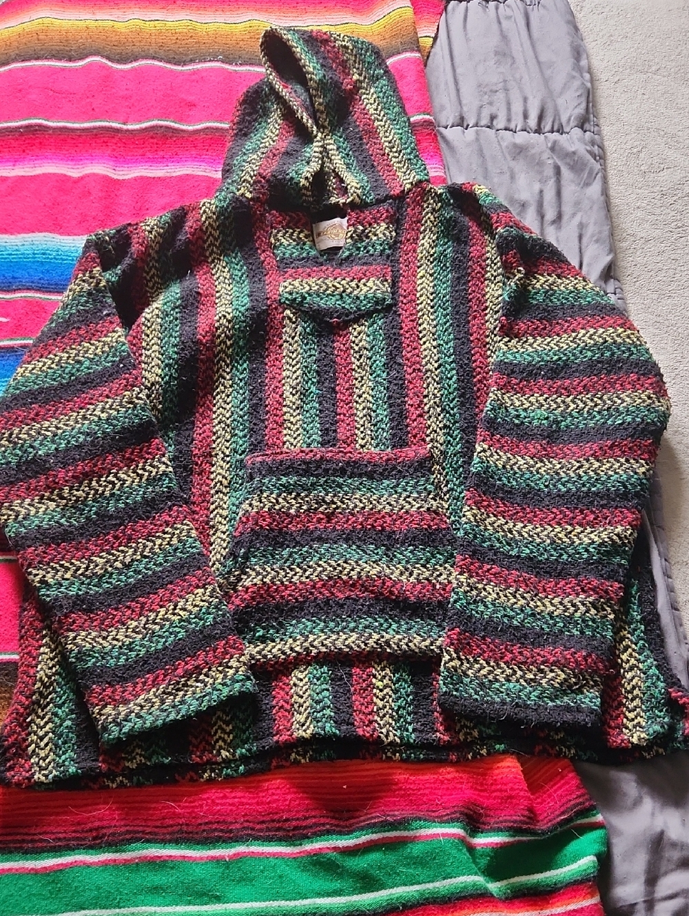 Striped Hooded Baja Knit Sweater in Green, Red, Black - Journeys